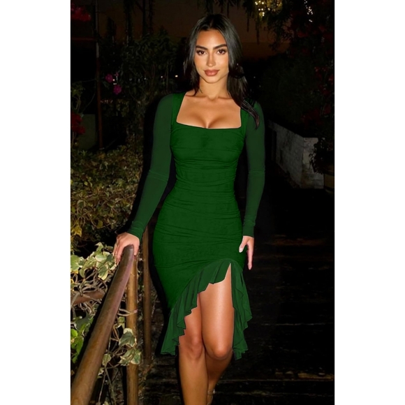 Green Long Sleeve Square Neck Dress, Ruched Mesh Long Sleeve Bodycon Midi Dress - Picture 5 of 7
